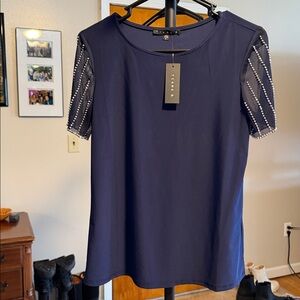 Tiana B. Navy Short-Sleeve Top with Beaded Sheer Sleeves